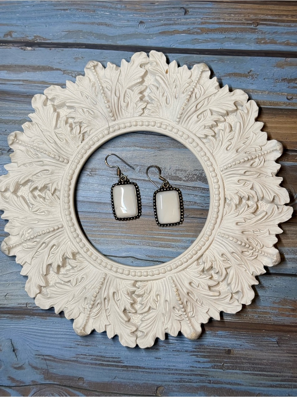 White coral Drop Earrings with Antiqued Metal Frame